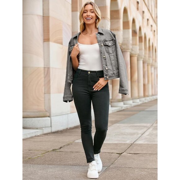 Women's Jean Jacket Long Sleeve Denim Jackets Button Down with Pockets Gray - Picture 6 of 6